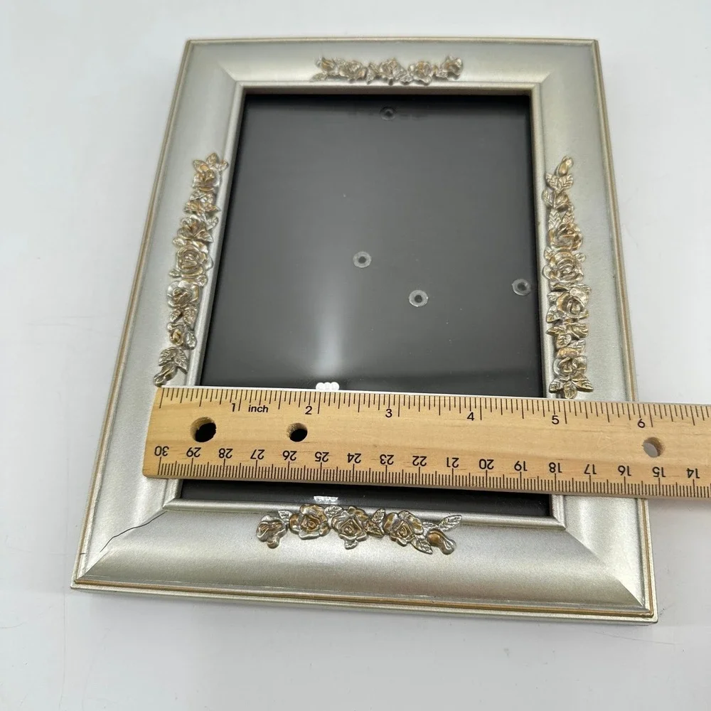 Silver Tone Ornate Floral Rose Picture Frame Tabletop Wall Mount 5x7 Style